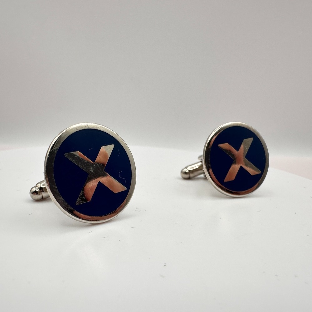 Vintage Y2K Blue Enamel Silver Tone X Cufflinks Round Geometric Men's Jewelry